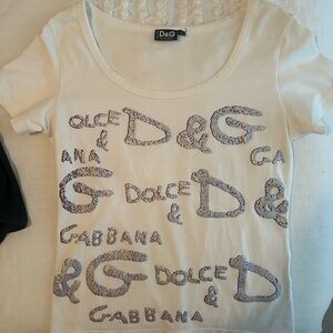 D&G White Short Sleeve Tee with Logo Pattern